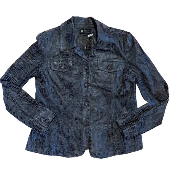 Toni Morgan Jacket Womens SM Faux Croc Print Button Up Black & Gray - Picture 1 of 7